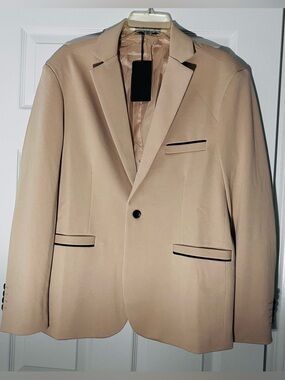 Men's Beige Single-Button Blazer with Black Trim